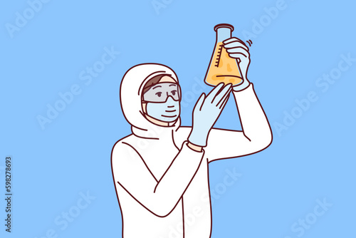 Chemist laboratory assistant holds test tube with reagent examining hazardous substance, dressed in chemical protection clothing. Female chemist examines contents of flask after Generative AI