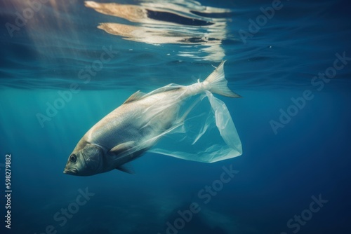 Sea fish plastic bag waste. Generate Ai