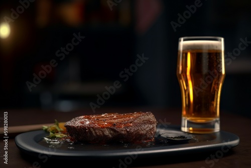 Cold beer grilled beef food. Generate Ai