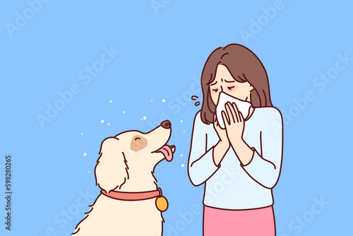 Little girl with dog suffers from allergies and uses handkerchief when communicating with beloved pet. Teenager child blows nose into paper napkin due to allergies or rhinitis caused by Generative AI