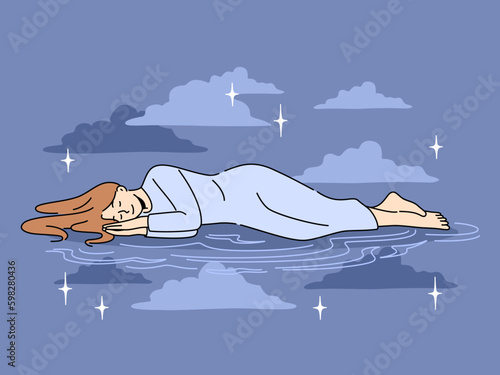 Calm woman lying sleeping in space among stars. Relaxed girl enjoying peaceful sleep in dark night sky. Daydreaming and relaxation. Vector illustration.  Generative AI