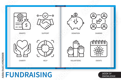 Fundraising infographics linear icons collection