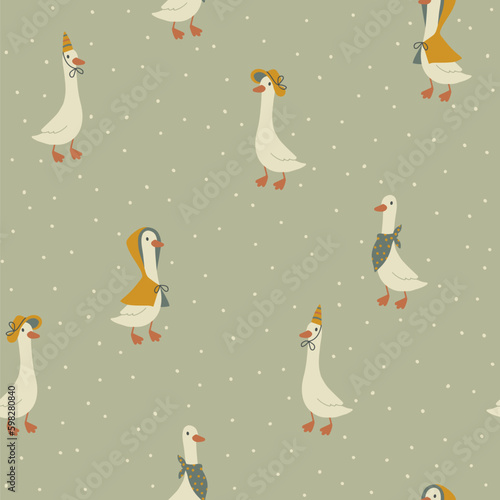 Geese seamless pattern. Cute cartoon characters in funny clothes, hat, raincoat in simple hand drawn style. The limited vintage palette is perfect for baby prints. Goose nursery vector. © Світлана Харчук