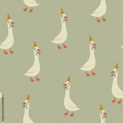 Geese seamless pattern. Funny cute cartoon characters in birthday caps in simple hand drawn style. The limited vintage palette is perfect for baby prints. Goose vector on a green background.