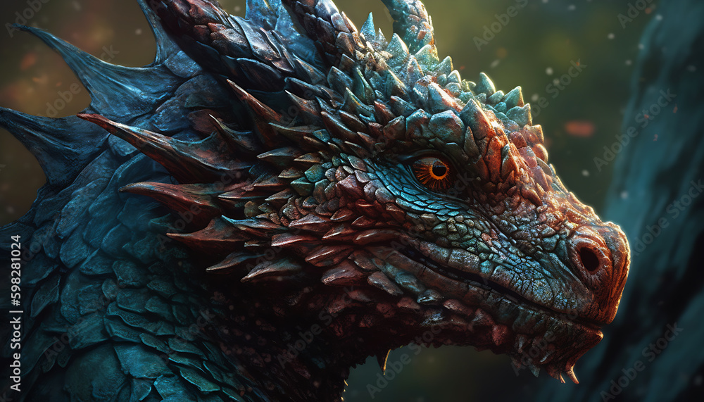 A fierce and powerful dragon head with bold and vibrant color scale, generative ai