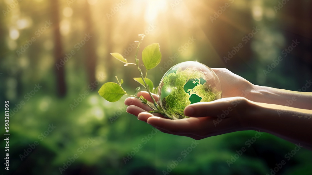 Hands Holding Glass Globe World In Green Forest with warm sunlight ...