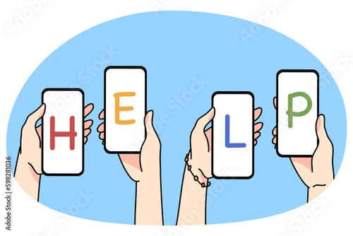 Diverse people hold smartphones with text help ask for emergency aid from online community. Person hands with cellphones beg assistance on social media. Solidarity and volunteer. Vector Generative AI