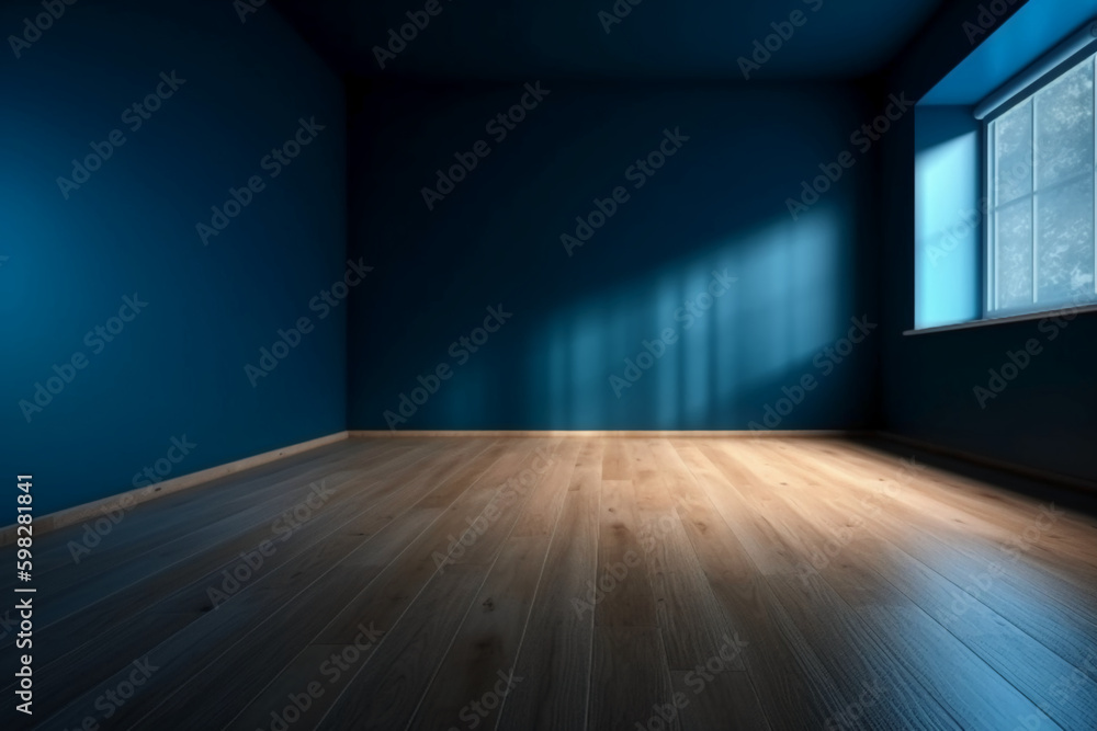 custom made wallpaper toronto digitalBlue empty wall and wooden floor with interesting light glare. Interior background for the presentation. AI generative