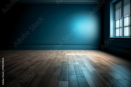 Wallpaper Mural Blue empty wall and wooden floor with interesting light glare. Interior background for the presentation. AI generative Torontodigital.ca
