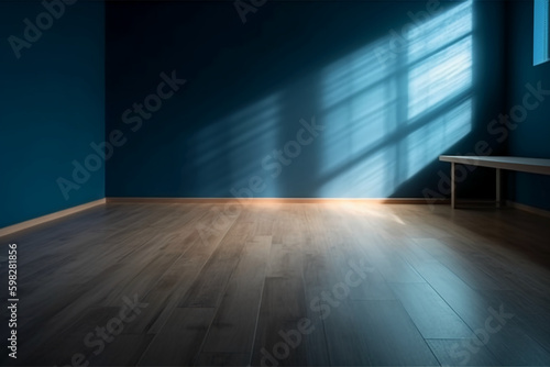 Blue empty wall and wooden floor with interesting light glare. Interior background for the presentation. AI generative © SANGHYUN