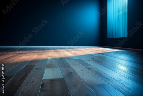 Blue empty wall and wooden floor with interesting light glare. Interior background for the presentation. AI generative © SANGHYUN