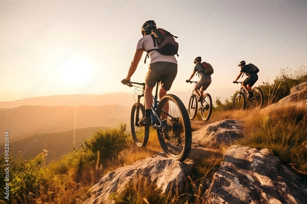 Fototapeta premium In adventure-themed style, mountain bikers are depicted at sunset with a sensory experience that combines natural and man-made elements