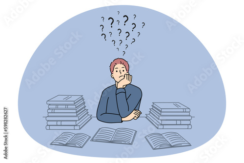 Pensive guy suit at desk studying thinking or pondering of problems finding solution. Thoughtful man with books feel frustrated daydreaming or planning. Dilemma. Vector illustration. Generative AI