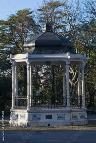 Oliveira de Azemeis, Portugal - March 20, 2023: Parque de La Salette includes greenery and lakes where you can go boating around the chapel of Our Lady of la Salette. Sunny spring day. Selective focus photo