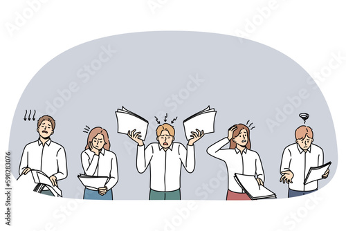 Unhappy businesspeople with paperwork frustrated with bad financial results. Upset confused employees or workers with documents failed with company statistics. Flat vector illustration. Generative AI