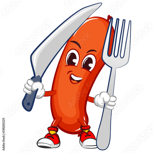 vector mascot character illustration of a sausage carrying a dinner fork and knife