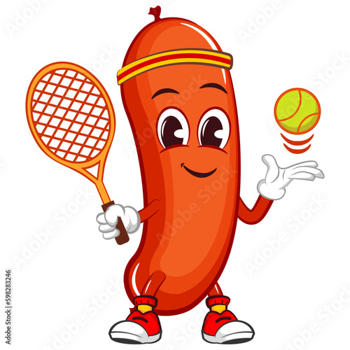 vector mascot character illustration of a sausage playing tennis