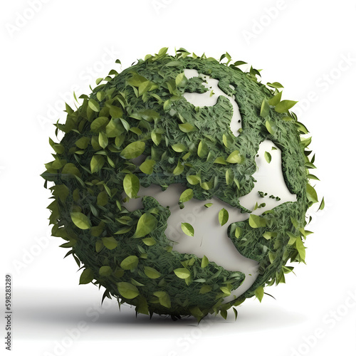 Sustainability and environmental Concept, nature, ecological activism and green economy on the rise, silhouette of a world globe made of green leaves leaving a trail of leaves, generative ai