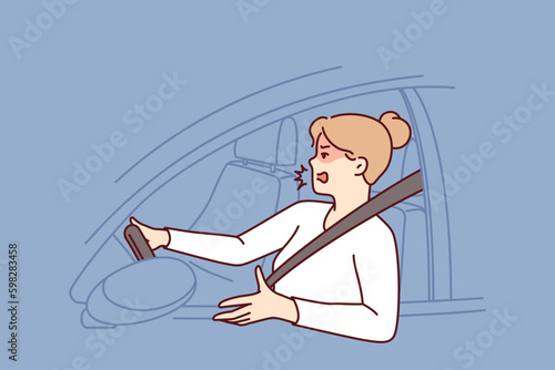 Woman driver got into traffic jam on road and swears feeling furious due to being late for work. Girl driving car during traffic jam on highway is angry at perpetrators of situation Generative AI