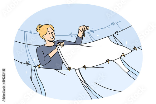 Smiling young housewife hang wet clothes on rope outdoors. Happy woman do household chores let clothing dry on air on clothespin. Housekeeping and domestic routine. Vector illustration. Generative AI