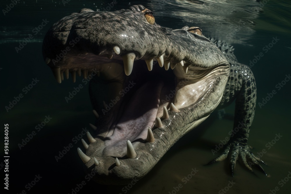 Fototapeta premium A crocodile in the water with its jaws ope