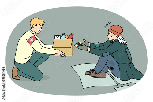 Caring male volunteer give box with food to unhappy poor person outdoors. Kind man activist share products and supplies with homeless needy people on streets. Charity concept. Vector Generative AI
