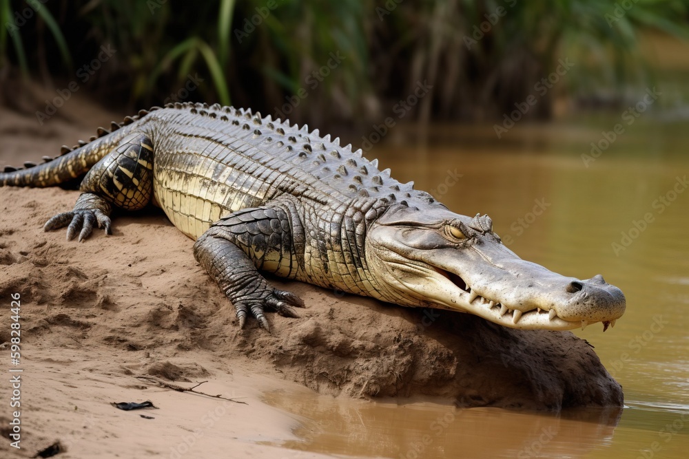 Naklejka premium A crocodile on the banks of a rive