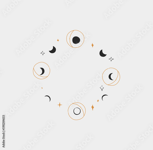 Hand drawn vector abstract,graphic art magic moon phases and stars in minimalistic modern line art style.Moon and star sign outline design concept.Outline moon silhouette.Celestial moon phases circle.