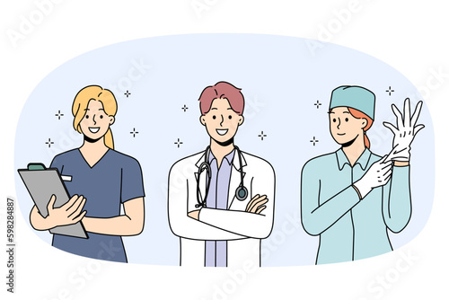 Set of smiling diverse doctors in uniform ready to give good quality medical service to patients. Collection portrait of happy nurse and surgeon in clinic or hospital. Medicine. Vector Generative AI