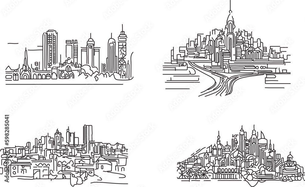 illustration skyline , Busy City hustle line art vector illustration