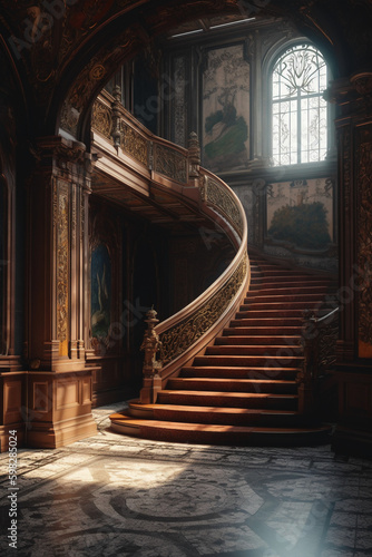 Castle staircase backdrop, luxury, interior design. AI generative