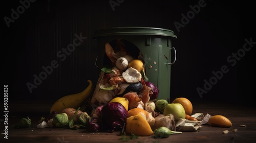 Food loss and food waste. Uneaten spoiled vegetables and fruits thrown in the garbage container. Unwanted rotten veggies in the trash. Generative AI.