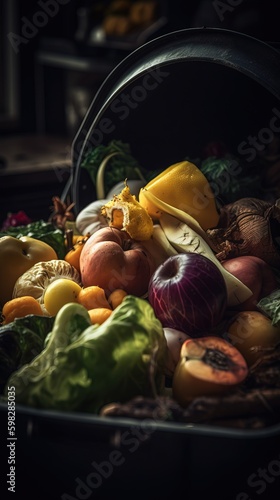 Food loss and food waste. Uneaten spoiled vegetables and fruits thrown in the garbage container. Unwanted rotten veggies in the trash. Generative AI.