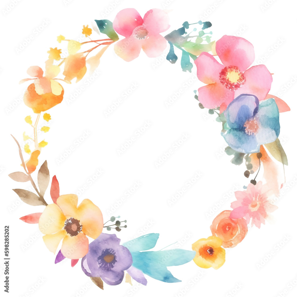 Circle frame of flowers and green leaves frame with water color, sweet tone, soft color, Generative AI