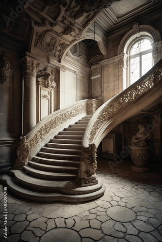 Castle staircase backdrop, luxury, interior design. AI generative