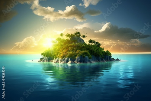 Tropical island sunset sea. Generate Ai