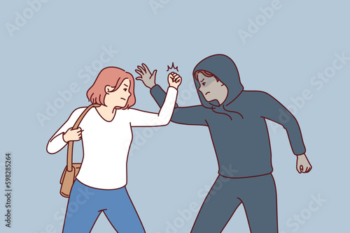 Strong woman fights back against thief by showing self-defense techniques to man who tried to steal purse and commit crime. Self-defense and martial art concept of krav maga against Generative AI