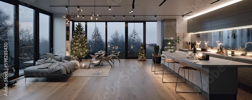 a luxury and modern open plan living room, dining room, and kitchen space with indoor plants and modern furniture overlooking a lakeside alpine landscape at Christmas, AI-generated