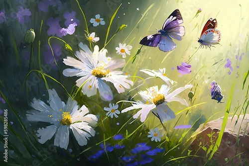 Beau champ de fleurs de prairie de camomille et de cloches sauvages violettes et trois papillons volants dans l'herbe verte du matin au soleil, paysage naturel. ai générative 