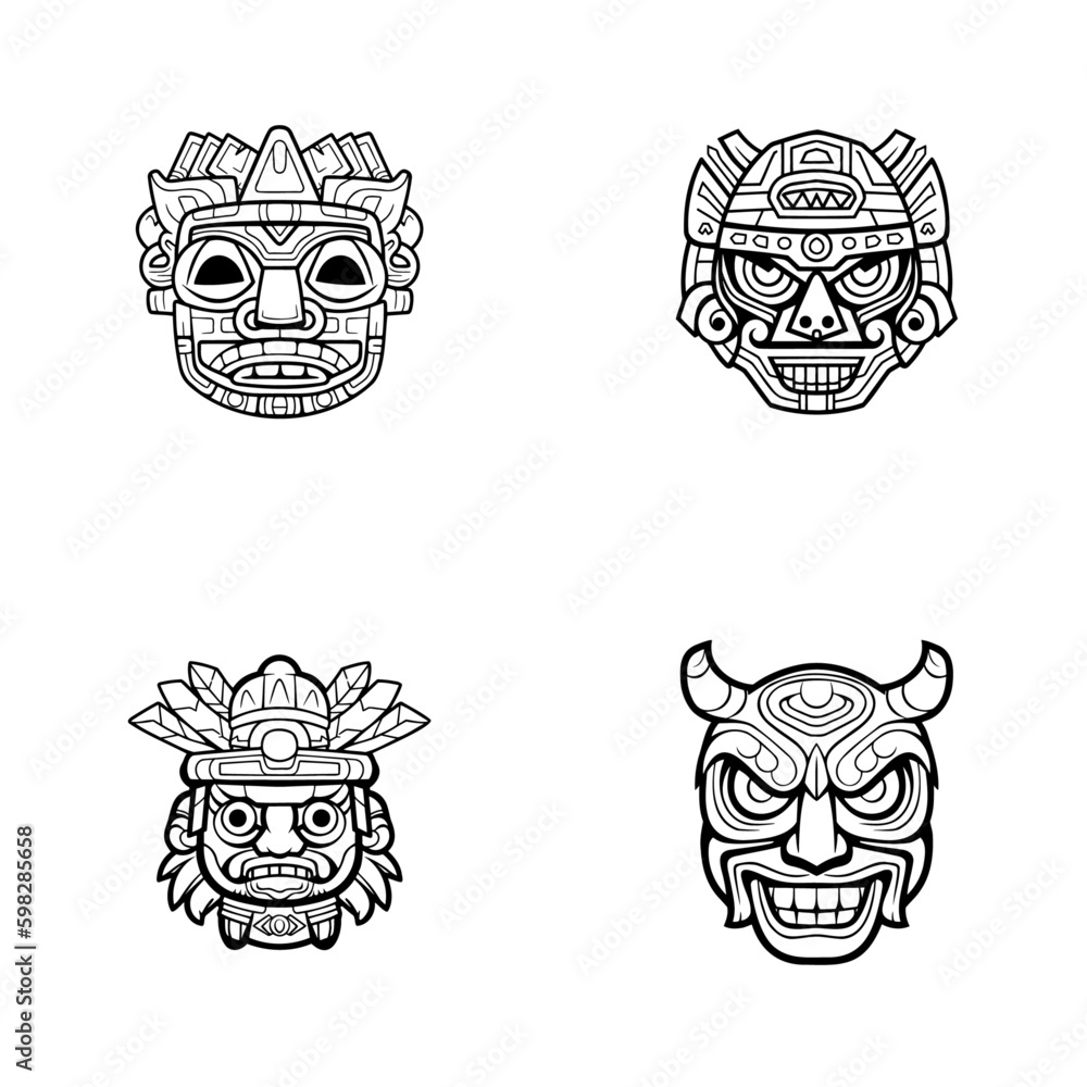 Maya Mask Vector Cartoon Style, Vector Line Art, Icon Design, Coloring page Simple Mascot, Set of black and white vector illustrations