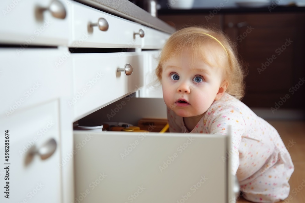 Child exploring kitchen drawer. Generate AI Child exploring kitchen drawer. Generate AI