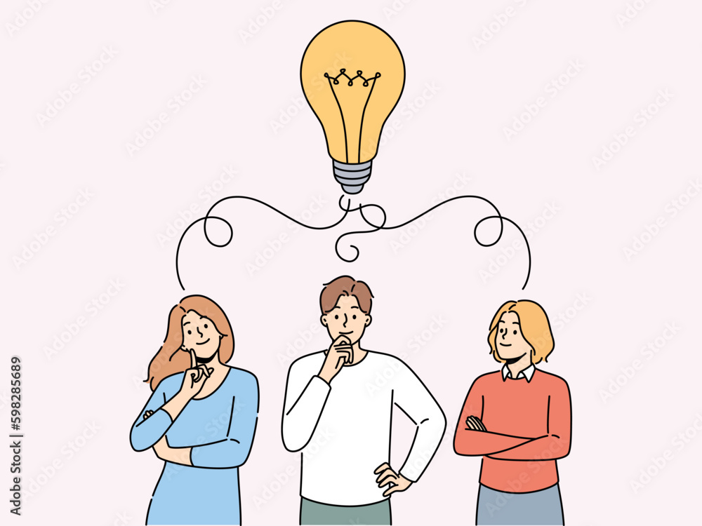 Pensive team with huge lightbulb above head brainstorm generate creative business idea together. Thoughtful businesspeople think develop strategy. Vector illustration.  Generative AI - obrazy, fototapety, plakaty 