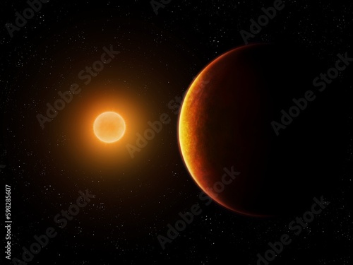 Sunrise over a red planet. Beautiful cosmic background. Rocky planet orbiting the sun.