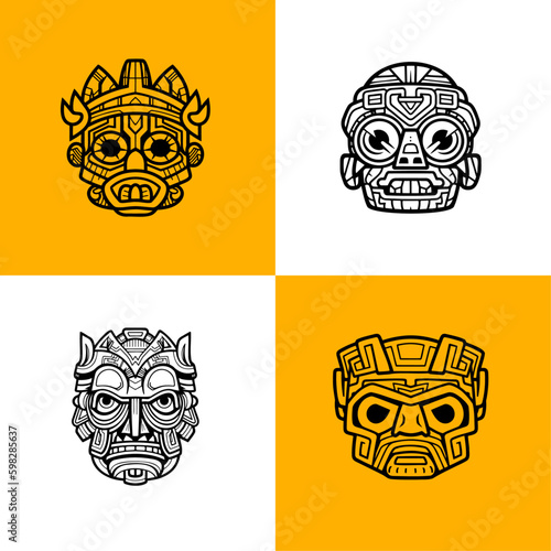 Maya Mask Vector Cartoon Style, Vector Line Art, Icon Design, Coloring page Simple Mascot, Set of black and white vector illustrations