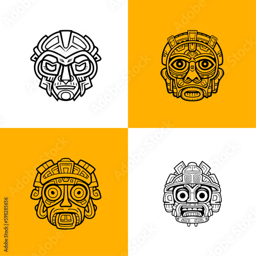 Maya Mask Vector Cartoon Style, Vector Line Art, Icon Design, Coloring page Simple Mascot, Set of black and white vector illustrations