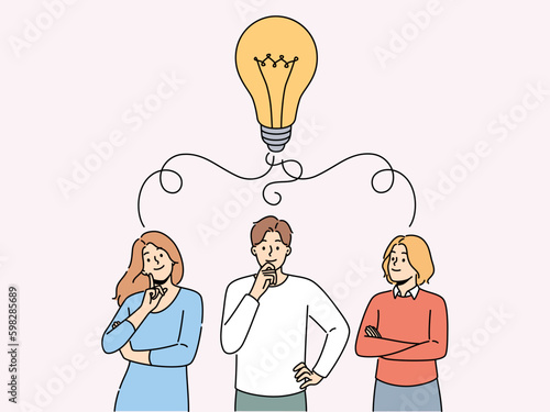 Pensive team with huge lightbulb above head brainstorm generate creative business idea together. Thoughtful businesspeople think develop strategy. Vector illustration.  Generative AI