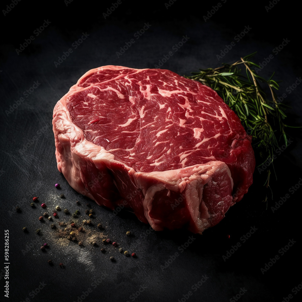 Fresh uncooked beef steak, black background. AI generative