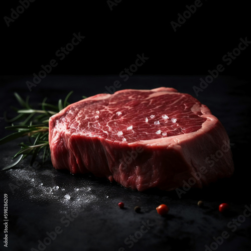 Fresh uncooked beef steak, black background. AI generative