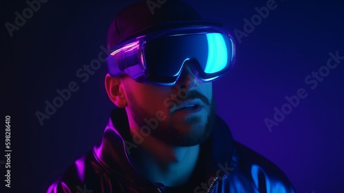 man wearing VR glasses, neon light with black background, Ultra realistic, highly detail, Generative AI