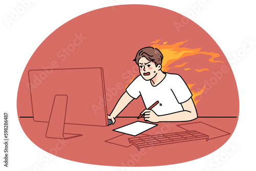 Stressed guy sit at desk work on computer try meet burning deadline. Distressed man hurry working in rush on PC finishing project. Overload and job burnout. Flat vector illustration. Generative AI